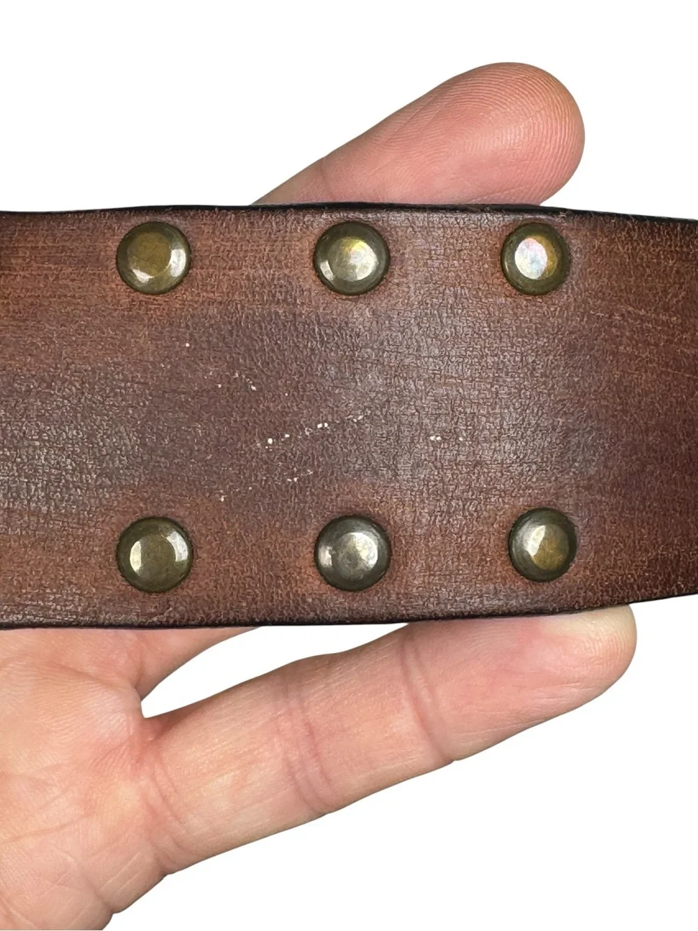Brown Studded Italian Leather Belt Brass Buckle Handcrafted Canada 38